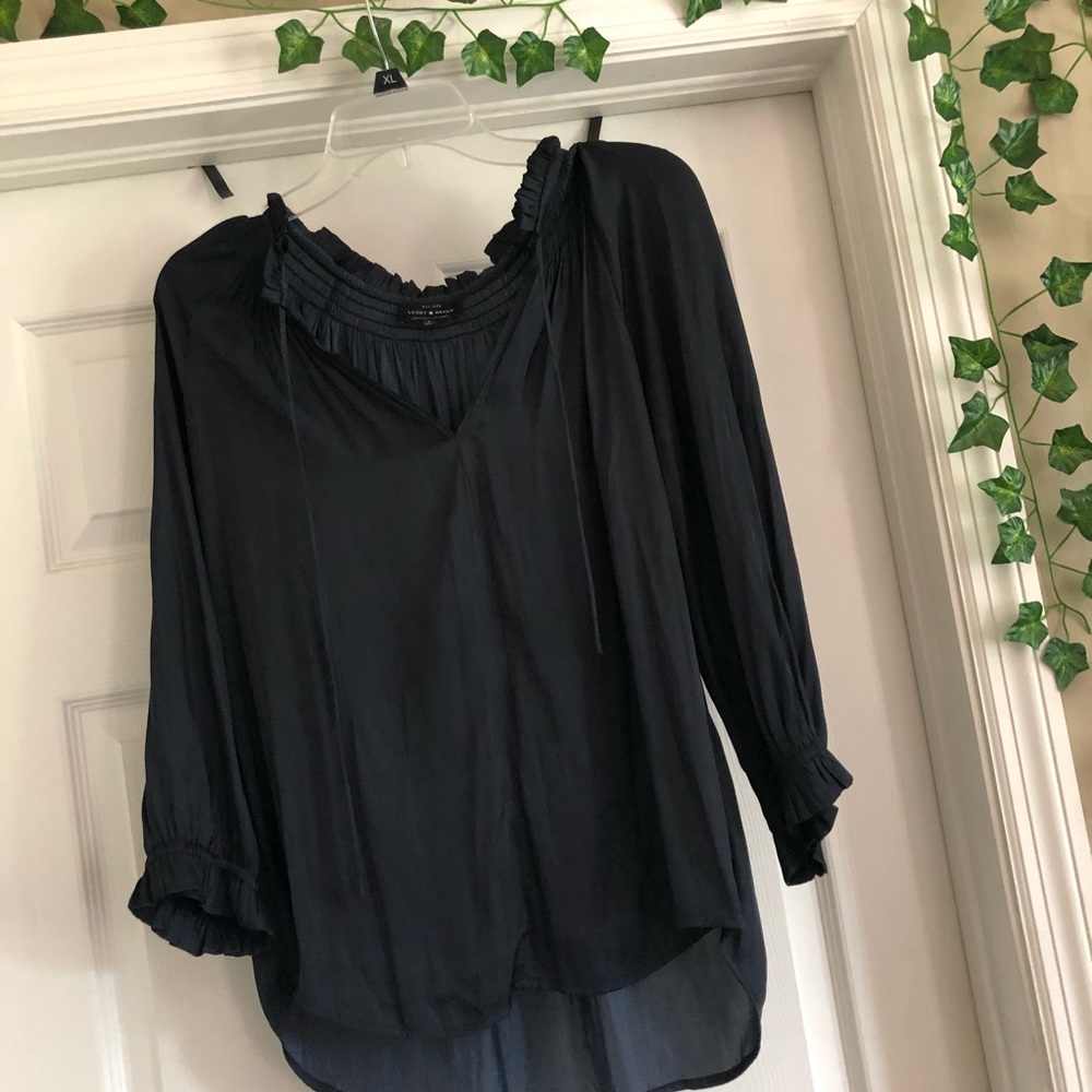 LUCKY // Dark Navy Ruffle Collar Blouse